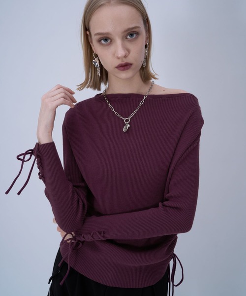 HARE(ハレ)の「ワンショルドレープニットトップス(HARE)(ニット/セーター・レディース・ブラック/パープル・FREE)」の1枚目の写真