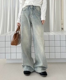 ラインストーン セミワイド デニムパンツ