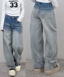【裾ロールアップ風】カーブワイドデニムパンツ