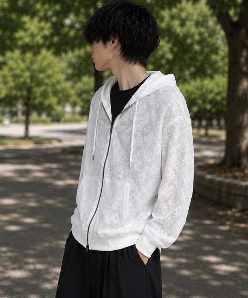 BENDER TOKYO(ベンダートウキョウ)の「シアー レース ダブルジップ ショート丈 ジップパーカー(パーカー・メンズ・ホワイト/ホワイト系その他/ブラック系その他/ブラック・M/L)」の8枚目の写真