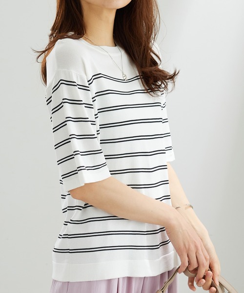 BELLUNA PLUS(ベルーナ)の「シャリ冷!洗える多機能ニットTシャツ(ニット/セーター・レディース・ホワイト×ブラック/ライトブルー/ネイビー/コーラル・MEDIUM/LARGE/X-LARGE)」の19枚目の写真