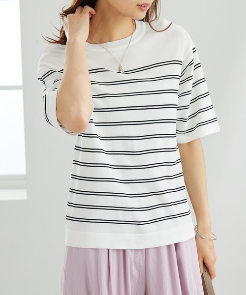 BELLUNA PLUS(ベルーナ)の「シャリ冷!洗える多機能ニットTシャツ(ニット/セーター・レディース・ホワイト×ブラック/ライトブルー/ネイビー/コーラル・MEDIUM/LARGE/X-LARGE)」の18枚目の写真