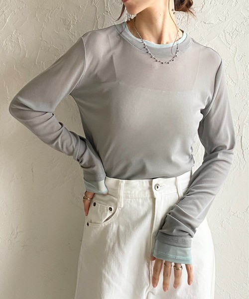 She's Closet(シーズクローゼット)の「クルーネック長袖 配色バイカラー レイヤード風 シアートップス(Tシャツ/カットソー・レディース・ブラック/アイボリー/ブラウン/グレー・FREE)」の3枚目の写真