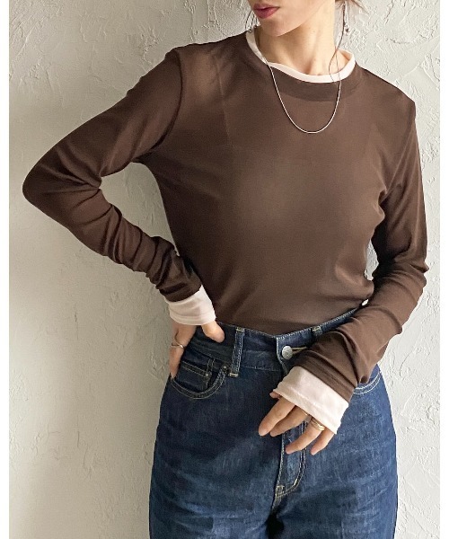 She's Closet(シーズクローゼット)の「クルーネック長袖 配色バイカラー レイヤード風 シアートップス(Tシャツ/カットソー・レディース・ブラック/アイボリー/ブラウン/グレー・FREE)」の14枚目の写真