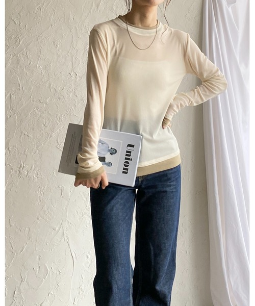 She's Closet(シーズクローゼット)の「クルーネック長袖 配色バイカラー レイヤード風 シアートップス(Tシャツ/カットソー・レディース・ブラック/アイボリー/ブラウン/グレー・FREE)」の11枚目の写真