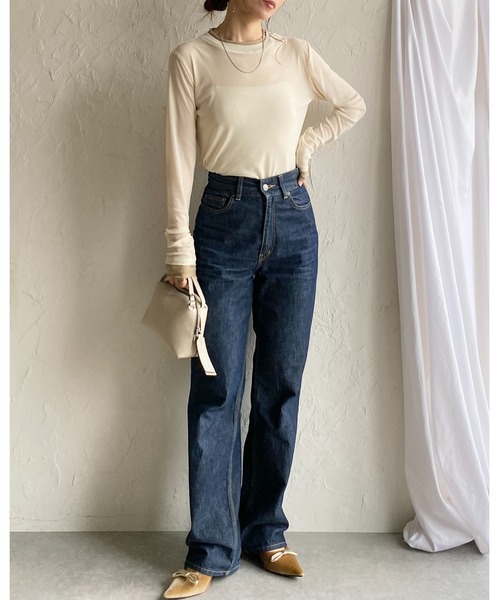 She's Closet(シーズクローゼット)の「クルーネック長袖 配色バイカラー レイヤード風 シアートップス(Tシャツ/カットソー・レディース・ブラック/アイボリー/ブラウン/グレー・FREE)」の12枚目の写真