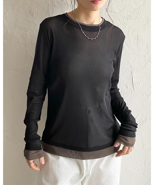 She's Closet(シーズクローゼット)の「クルーネック長袖 配色バイカラー レイヤード風 シアートップス(Tシャツ/カットソー・レディース・ブラック/アイボリー/ブラウン/グレー・FREE)」の15枚目の写真