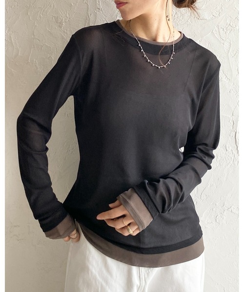 She's Closet(シーズクローゼット)の「クルーネック長袖 配色バイカラー レイヤード風 シアートップス(Tシャツ/カットソー・レディース・ブラック/アイボリー/ブラウン/グレー・FREE)」の16枚目の写真