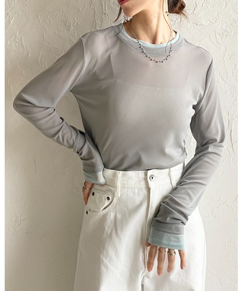 She's Closet(シーズクローゼット)の「クルーネック長袖 配色バイカラー レイヤード風 シアートップス(Tシャツ/カットソー・レディース・ブラック/アイボリー/ブラウン/グレー・FREE)」の17枚目の写真
