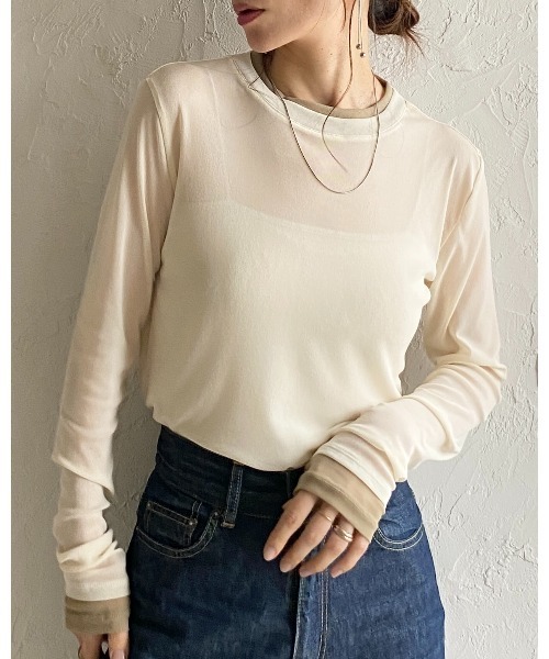 She's Closet(シーズクローゼット)の「クルーネック長袖 配色バイカラー レイヤード風 シアートップス(Tシャツ/カットソー・レディース・ブラック/アイボリー/ブラウン/グレー・FREE)」の20枚目の写真