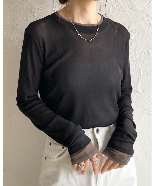 She's Closet(シーズクローゼット)の「クルーネック長袖 配色バイカラー レイヤード風 シアートップス(Tシャツ/カットソー・レディース・ブラック/アイボリー/ブラウン/グレー・FREE)」の21枚目の写真
