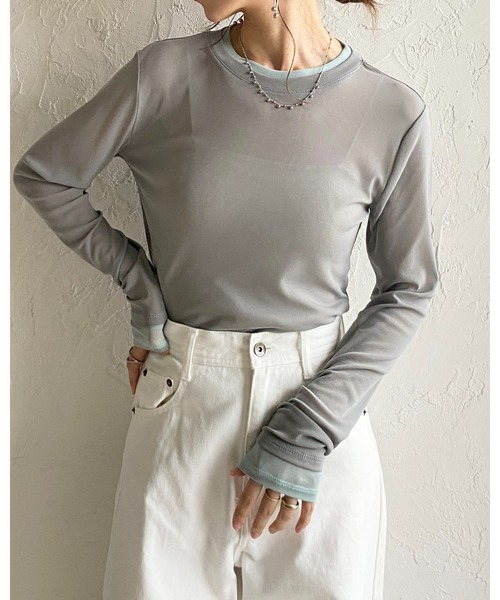 She's Closet(シーズクローゼット)の「クルーネック長袖 配色バイカラー レイヤード風 シアートップス(Tシャツ/カットソー・レディース・ブラック/アイボリー/ブラウン/グレー・FREE)」の22枚目の写真
