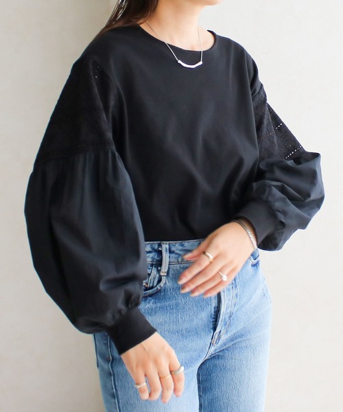 Social GIRL(ソーシャルガール)の「●Social GIRL●袖レーストップス(Tシャツ/カットソー・レディース・オフホワイト/ブラック・M)」の1枚目の写真