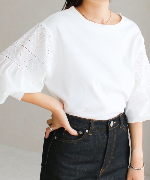 Social GIRL(ソーシャルガール)の「●Social GIRL●袖レーストップス(Tシャツ/カットソー・レディース・オフホワイト/ブラック・M)」の4枚目の写真