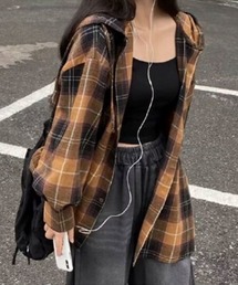 フード付きオーバーサイズチェックシャツ