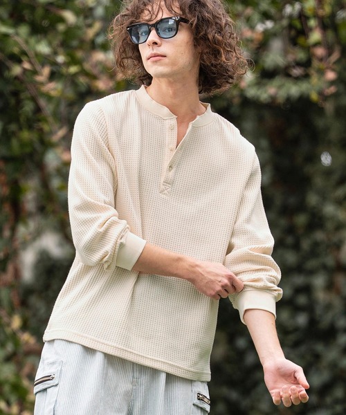 CAMBIO（カンビオ）の「mlt5637- ヘンリーネックワッフルロンT(HLCM0261)（Tシャツ/カットソー・メンズ・ブラック/アイボリー/ホワイト/グレー・XL/L/M）」の3枚目の写真
