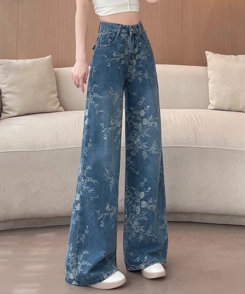 ampm(エーエムピーエム)の「フラワープリント ハイウエストワイドデニムパンツ(デニムパンツ・レディース・ブルー・S/M/L)」の9枚目の写真