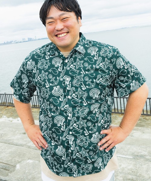 B&T CLUB(ビーティークラブ)の「シャツ 半袖 メンズ 大きいサイズ FAT ANIMALS マリン&クジラ レギュラー B&T CLUB (ビーアンドティークラブ)(シャツ/ブラウス・メンズ・ダークグリーン/ネイビー・X1(3L~4L)/X3(6L~7L)/X2(4L~5L))」の1枚目の写真