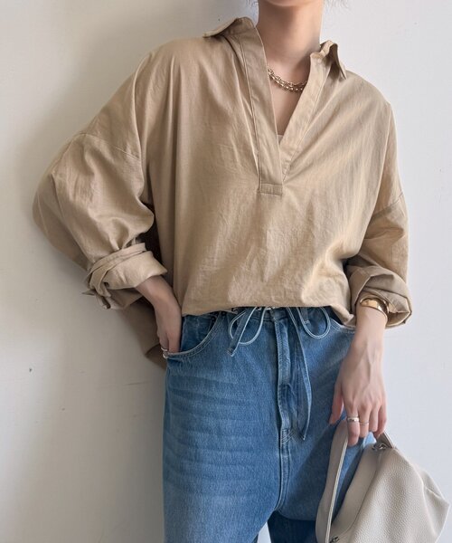 DouDou(ドゥドゥ)の「シアーリネンスキッパーシャツ(シャツ/ブラウス・レディース・ベージュ/ブルー/オフホワイト/ピンク・FREE)」の20枚目の写真
