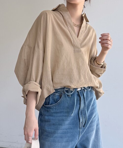DouDou(ドゥドゥ)の「シアーリネンスキッパーシャツ(シャツ/ブラウス・レディース・ベージュ/ブルー/オフホワイト/ピンク・FREE)」の21枚目の写真