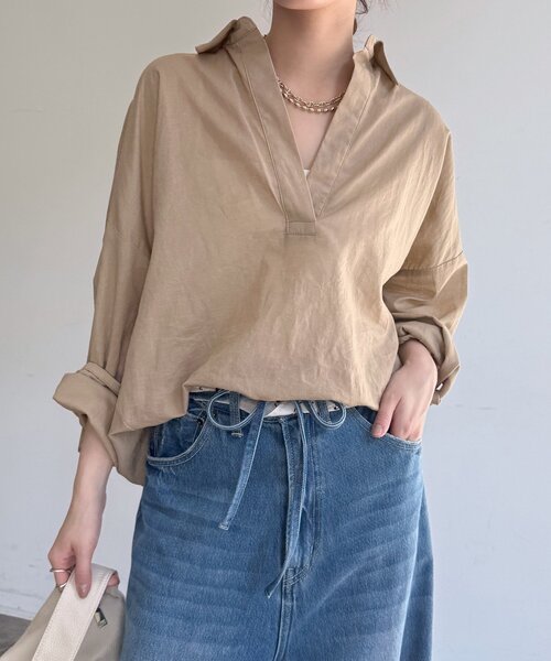 DouDou(ドゥドゥ)の「シアーリネンスキッパーシャツ(シャツ/ブラウス・レディース・ベージュ/ブルー/オフホワイト/ピンク・FREE)」の22枚目の写真