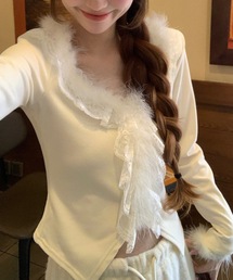 Vネックファー付きトップス