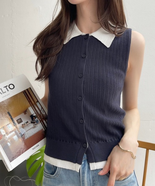 Ada.(エイダ)の「襟付き バイカラー アイレット サマー ニット ◎(カーディガン/ボレロ・レディース・チャコール/ネイビー×ホワイト/ベージュ系その他・FREE)」の3枚目の写真