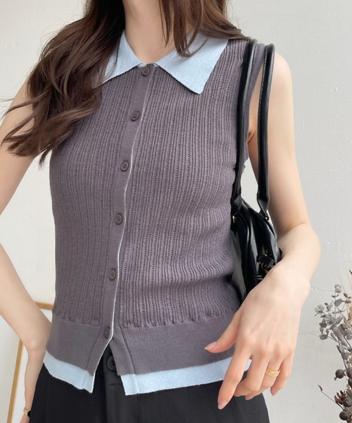 Ada.(エイダ)の「襟付き バイカラー アイレット サマー ニット ◎(カーディガン/ボレロ・レディース・チャコール/ネイビー×ホワイト/ベージュ系その他・FREE)」の8枚目の写真
