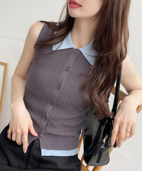 Ada.(エイダ)の「襟付き バイカラー アイレット サマー ニット ◎(カーディガン/ボレロ・レディース・チャコール/ネイビー×ホワイト/ベージュ系その他・FREE)」の4枚目の写真