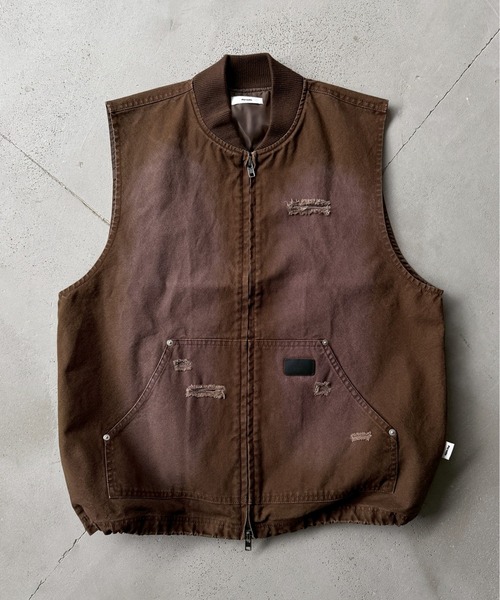 Perushu(ペルーシュ)の「DAMAGE FADED DUCK DOUBLE ZIP VEST/ダメージフェードダックダブルジップベスト(ベスト・メンズ・ブラック/ブラウン・LARGE/MEDIUM)」の2枚目の写真