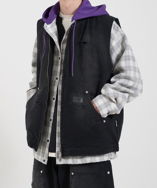 Perushu(ペルーシュ)の「DAMAGE FADED DUCK DOUBLE ZIP VEST/ダメージフェードダックダブルジップベスト(ベスト・メンズ・ブラック/ブラウン・LARGE/MEDIUM)」の7枚目の写真