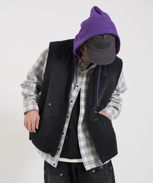 Perushu(ペルーシュ)の「DAMAGE FADED DUCK DOUBLE ZIP VEST/ダメージフェードダックダブルジップベスト(ベスト・メンズ・ブラック/ブラウン・LARGE/MEDIUM)」の3枚目の写真