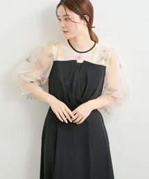 セール】オーガンジーパフスリーブデザイン刺繍ロング丈ワンピース