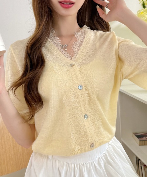 Ada.（エイダ）の「Vネック レース シアー サマー ニット カーディガン（カーディガン/ボレロ・レディース・ブルー/グレー/ブラック/オフホワイト/イエロー・FREE）」の5枚目の写真