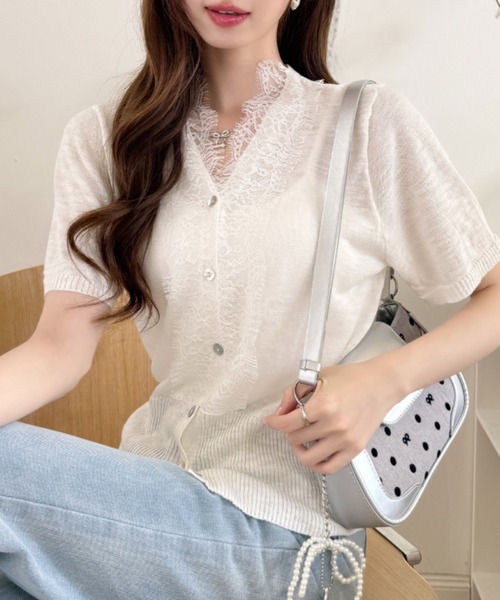 Ada.（エイダ）の「Vネック レース シアー サマー ニット カーディガン（カーディガン/ボレロ・レディース・ブルー/グレー/ブラック/オフホワイト/イエロー・FREE）」の9枚目の写真