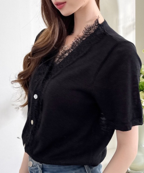 Ada.（エイダ）の「Vネック レース シアー サマー ニット カーディガン（カーディガン/ボレロ・レディース・ブルー/グレー/ブラック/オフホワイト/イエロー・FREE）」の12枚目の写真
