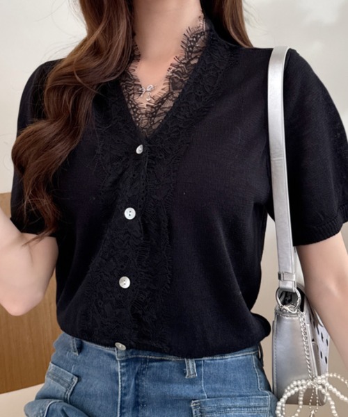 Ada.（エイダ）の「Vネック レース シアー サマー ニット カーディガン（カーディガン/ボレロ・レディース・ブルー/グレー/ブラック/オフホワイト/イエロー・FREE）」の15枚目の写真