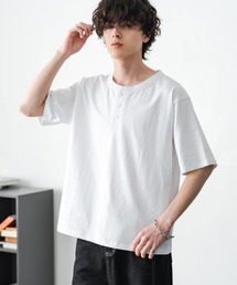 ケミカル加工 短丈 クロップド ショート丈半袖コットンヘンリーネックTシャツ