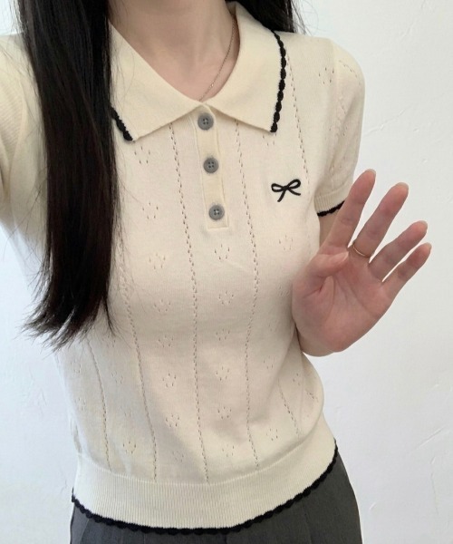 NANEA(ナネア)の「ワンポイントリボン 半袖サマーニットポロ(ポロシャツ・レディース・グレー/ホワイト/ネイビー・フリー)」の8枚目の写真