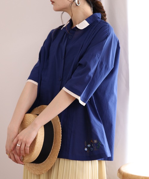 Emago（イマゴ）の「EMAGO ﾋﾟﾝﾀｯｸ花刺繍ｼｬﾂ 5分袖（シャツ/ブラウス・レディース・ネイビー/ホワイト/ベージュ・FREE）」の14枚目の写真