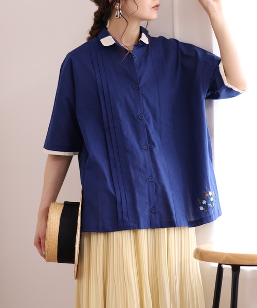 Emago（イマゴ）の「EMAGO ﾋﾟﾝﾀｯｸ花刺繍ｼｬﾂ 5分袖（シャツ/ブラウス・レディース・ネイビー/ホワイト/ベージュ・FREE）」の15枚目の写真