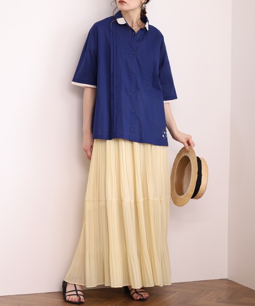 Emago（イマゴ）の「EMAGO ﾋﾟﾝﾀｯｸ花刺繍ｼｬﾂ 5分袖（シャツ/ブラウス・レディース・ネイビー/ホワイト/ベージュ・FREE）」の17枚目の写真