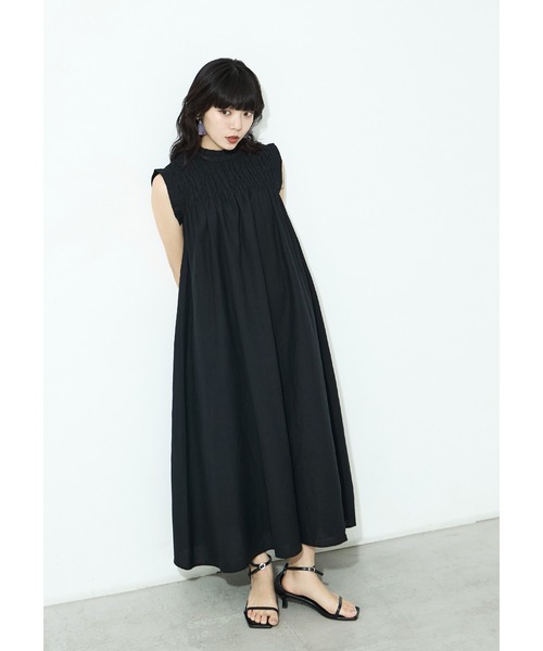 Fashion Letter(ファッションレター)の「リネンタッチ シャーリング ノースリーブワンピース(ワンピース・レディース・ブルー系その他/ブラック系その他/ブラウン/ブラック・M)」の1枚目の写真