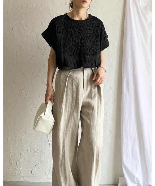 She's Closet（シーズクローゼット）の「フレンチスリーブインド綿100%スモッキング刺繍フレアブラウス（シャツ/ブラウス・レディース・ブラック/ホワイト・FREE）」の15枚目の写真