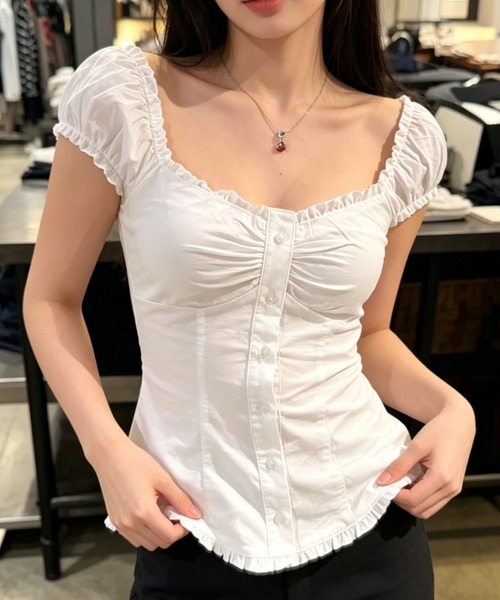 Sibra（シブラ）の「3color 胸元ギャザーフリルブラウス（シャツ/ブラウス・レディース・ネイビー/サックスブルー/ホワイト・M）」の5枚目の写真