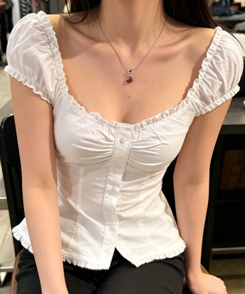 Sibra（シブラ）の「3color 胸元ギャザーフリルブラウス（シャツ/ブラウス・レディース・ネイビー/サックスブルー/ホワイト・M）」の6枚目の写真