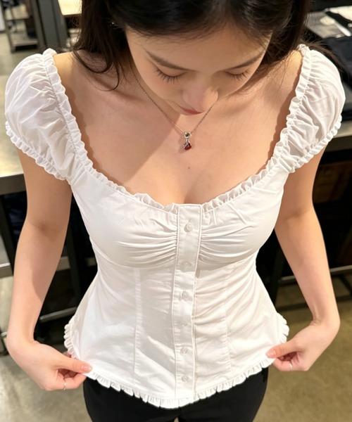 Sibra（シブラ）の「3color 胸元ギャザーフリルブラウス（シャツ/ブラウス・レディース・ネイビー/サックスブルー/ホワイト・M）」の7枚目の写真