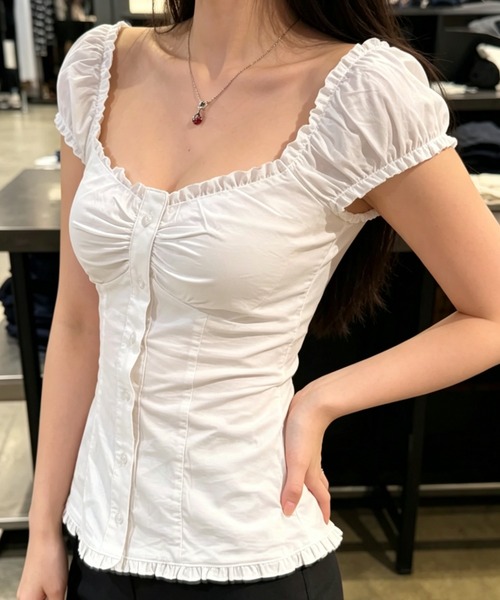 Sibra（シブラ）の「3color 胸元ギャザーフリルブラウス（シャツ/ブラウス・レディース・ネイビー/サックスブルー/ホワイト・M）」の8枚目の写真