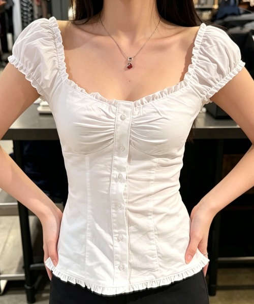 Sibra（シブラ）の「3color 胸元ギャザーフリルブラウス（シャツ/ブラウス・レディース・ネイビー/サックスブルー/ホワイト・M）」の9枚目の写真