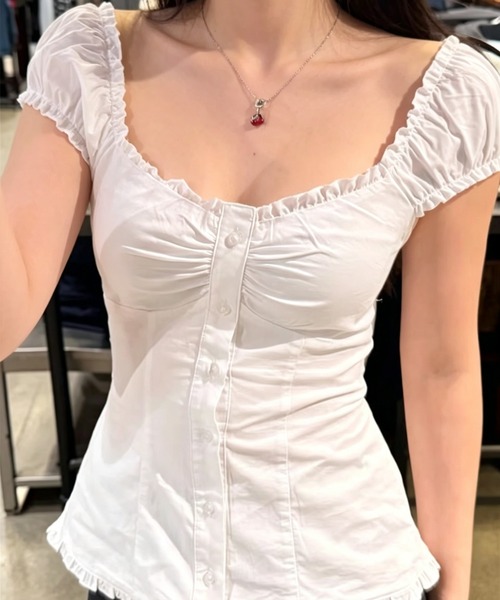 Sibra（シブラ）の「3color 胸元ギャザーフリルブラウス（シャツ/ブラウス・レディース・ネイビー/サックスブルー/ホワイト・M）」の4枚目の写真